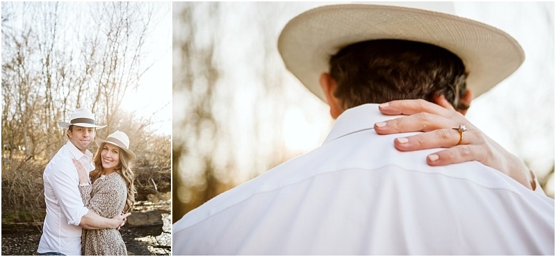 Premier Snohomish & Seattle Wedding Photographer | GSquared Weddings Photography A couple wearing light hats embraces outdoors near trees, smiling at the camera; in a close-up, the woman’s hand with an engagement ring rests on the man's shoulder during their Snohomish Seattle wedding engagement, sunlight shining in the background. 47.9129° N, 122.0982° W | Serving Snohomish, Seattle , Orlando & Beyond