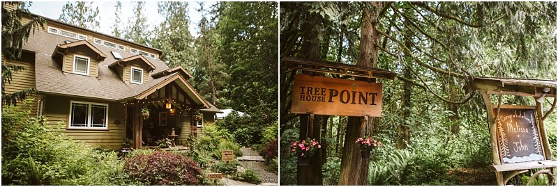 Premier Snohomish & Seattle Wedding Photographer | GSquared Weddings Photography A cozy wooden cabin surrounded by lush greenery on the left; on the right, wooden signs reading Tree House Point and Welcome stand among tall trees—an enchanting spot perfect for a Snohomish Seattle wedding engagement. 47.9129° N, 122.0982° W | Serving Snohomish, Seattle , Orlando & Beyond