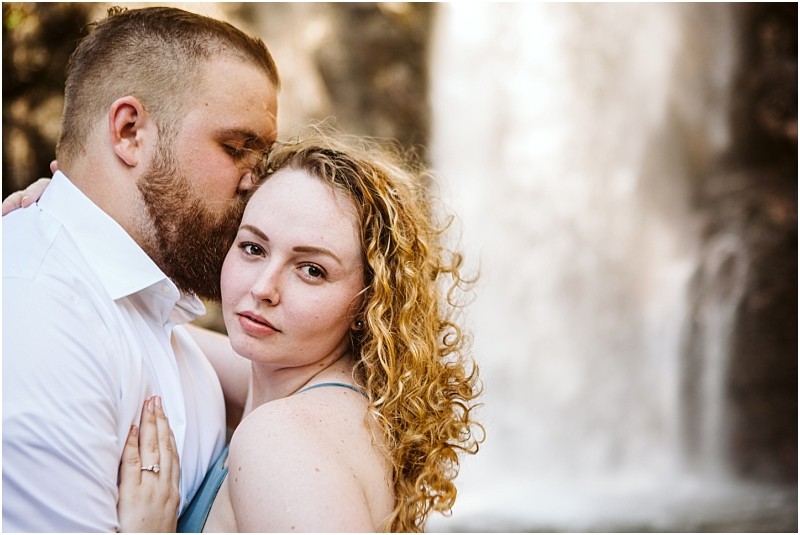 franklin falls engagement session couple in blue dress and white shirt, curly hair