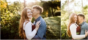 Premier Snohomish & Seattle Wedding Photographer | GSquared Weddings Photography A couple stands outdoors, embracing and smiling as sunlight filters through the trees. Captured during a Snohomish Seattle engagement, one image shows a forehead kiss; in the other, they hold each other closely, eyes closed. 47.9129° N, 122.0982° W | Serving Snohomish, Seattle , Orlando & Beyond