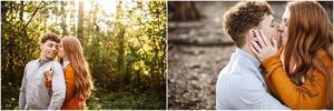 Premier Snohomish & Seattle Wedding Photographer | GSquared Weddings Photography A couple embraces outdoors in the woods. In the first image, the woman hugs and kisses the man’s cheek from behind. In the second, they share a tender kiss—capturing a romantic Snohomish Seattle engagement moment among nature. 47.9129° N, 122.0982° W | Serving Snohomish, Seattle , Orlando & Beyond