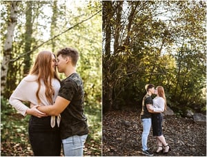 Premier Snohomish & Seattle Wedding Photographer | GSquared Weddings Photography A couple embraces outdoors in a wooded area near Snohomish, sharing an affectionate moment. In both photos, they stand close, gazing at each other with soft sunlight filtering through the trees—perfect for a Seattle engagement. 47.9129° N, 122.0982° W | Serving Snohomish, Seattle , Orlando & Beyond