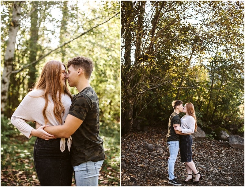 Premier Snohomish & Seattle Wedding Photographer | GSquared Weddings Photography A couple embraces outdoors in a wooded area near Snohomish, sharing an affectionate moment. In both photos, they stand close, gazing at each other with soft sunlight filtering through the trees—perfect for a Seattle engagement. 47.9129° N, 122.0982° W | Serving Snohomish, Seattle , Orlando & Beyond