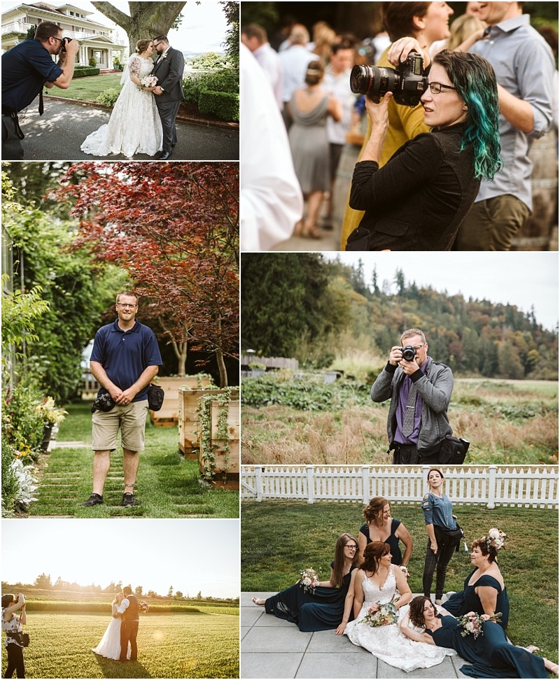 Premier Snohomish & Seattle Wedding Photographer | GSquared Weddings Photography A collage of Snohomish wedding scenes: photographers capture a bride and groom, a woman with green hair shoots photos, a man stands in a garden, outdoor moments, and a group poses with the bride sitting on the ground. 47.9129° N, 122.0982° W | Serving Snohomish, Seattle , Orlando & Beyond