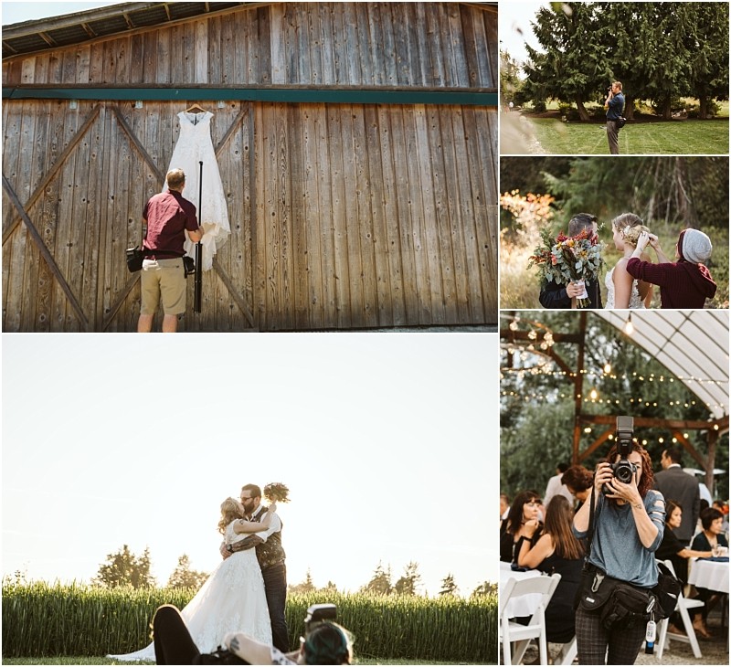 Premier Snohomish & Seattle Wedding Photographer | GSquared Weddings Photography A collage shows a Snohomish photographer capturing a wedding dress on a barn, a groom reading a note, and a bridal party with flowers. The couple embraces in a field while the photographer takes event photos at this rustic Seattle wedding. 47.9129° N, 122.0982° W | Serving Snohomish, Seattle , Orlando & Beyond