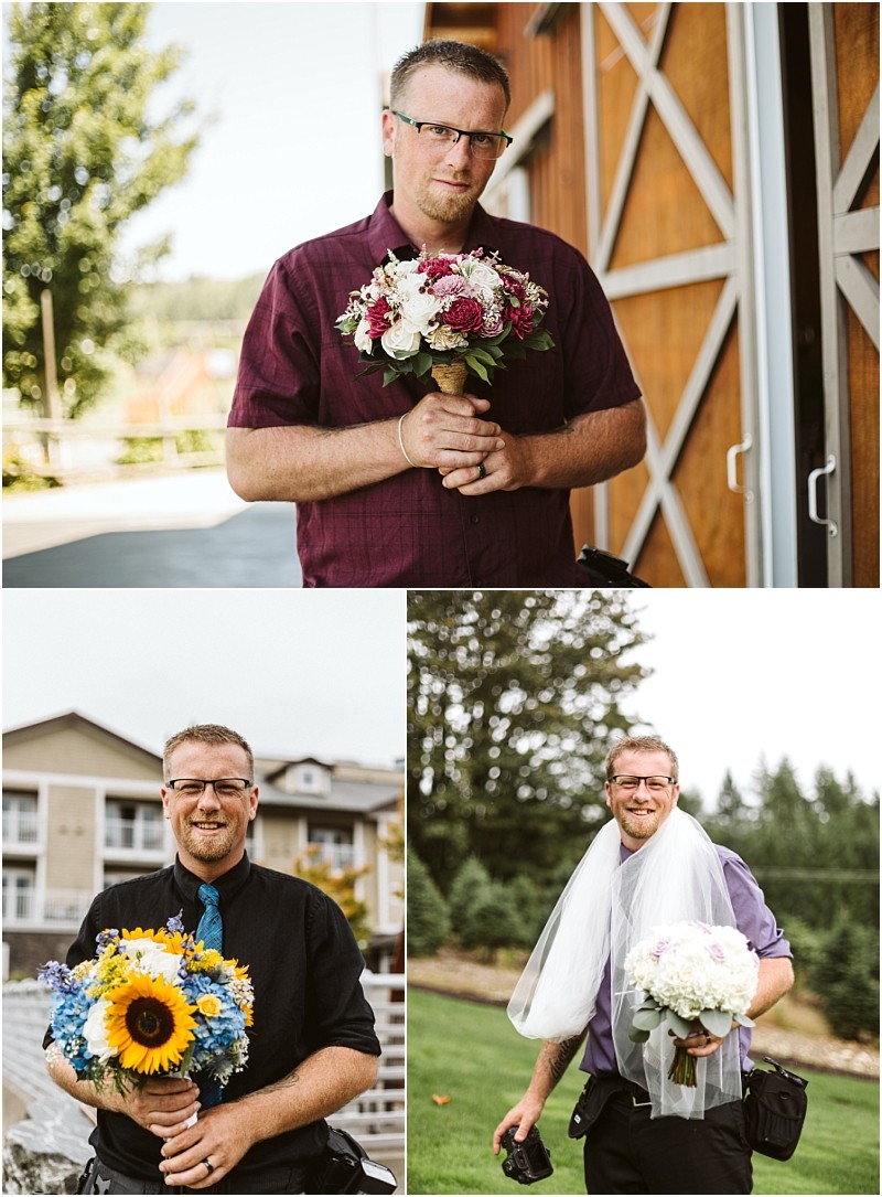 Premier Snohomish & Seattle Wedding Photographer | GSquared Weddings Photography A man poses in three photos, each time holding a bouquet of flowers—perfect for a Snohomish or Seattle wedding engagement. He wears a burgundy shirt, a black shirt with sunflowers, and in the third, dons a veil and purple shirt outdoors. 47.9129° N, 122.0982° W | Serving Snohomish, Seattle , Orlando & Beyond