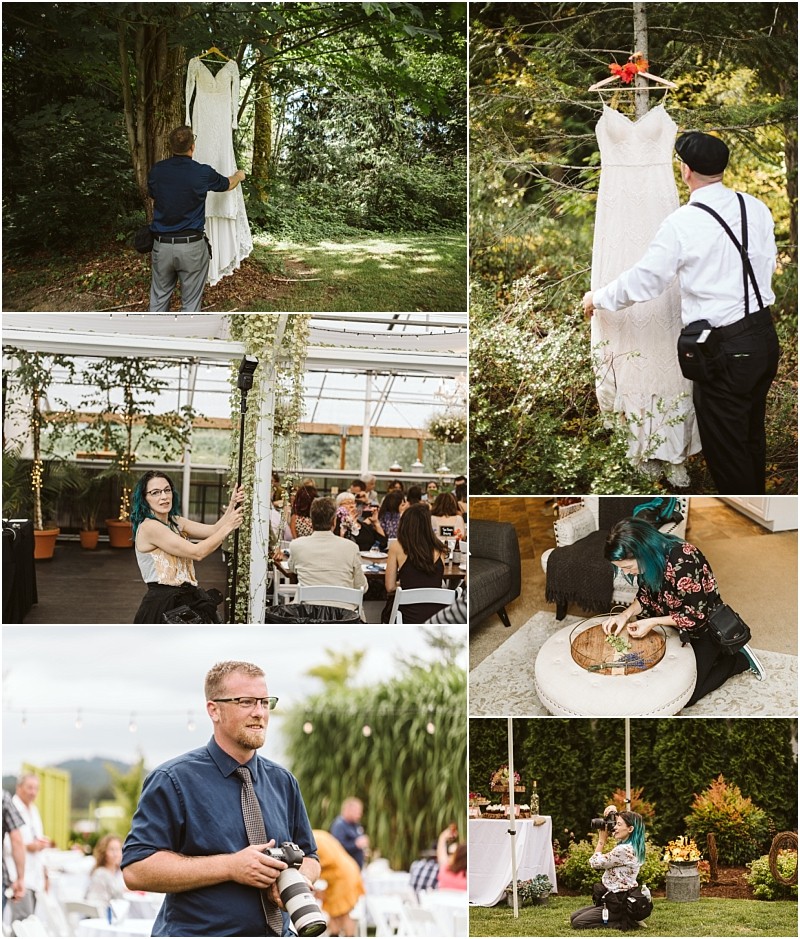 Premier Snohomish & Seattle Wedding Photographer | GSquared Weddings Photography A collage of Snohomish Seattle wedding preparations: dresses hanging in trees, a photographer taking pictures, a woman painting a circular canvas, guests seated at tables, and an outdoor ceremony setup surrounded by greenery. 47.9129° N, 122.0982° W | Serving Snohomish, Seattle , Orlando & Beyond