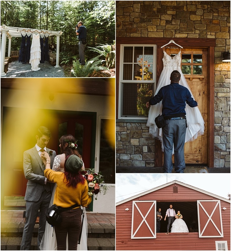 Premier Snohomish & Seattle Wedding Photographer | GSquared Weddings Photography A collage of four photos: a photographer captures Snohomish wedding dresses outdoors and hanging on a door, a bride adjusts a groom’s tie, and a couple stands in a red barn’s loft window. 47.9129° N, 122.0982° W | Serving Snohomish, Seattle , Orlando & Beyond