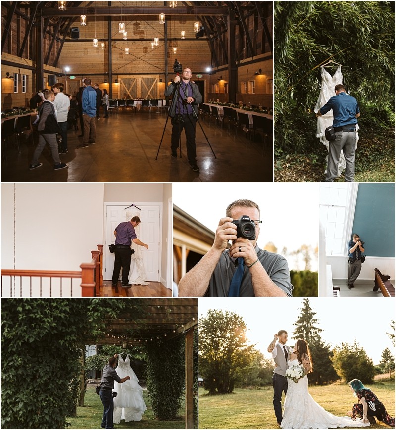 Premier Snohomish & Seattle Wedding Photographer | GSquared Weddings Photography A collage shows a Snohomish wedding photographer at work: setting up equipment indoors, photographing a wedding dress, taking outdoor shots of an engaged couple, and capturing moments both inside and outside the venue. 47.9129° N, 122.0982° W | Serving Snohomish, Seattle , Orlando & Beyond