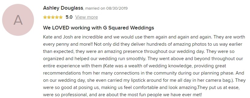 Premier Snohomish & Seattle Wedding Photographer | GSquared Weddings Photography A five-star review by Ashley Douglass praises G Squared Weddings for their professionalism, organization, and extra touches on her Snohomish Seattle wedding day, highlighting positive experiences and highly recommending their services. 47.9129° N, 122.0982° W | Serving Snohomish, Seattle , Orlando & Beyond