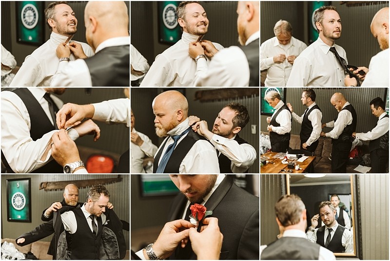 Premier Snohomish & Seattle Wedding Photographer | GSquared Weddings Photography A collage of men in suits getting ready for a Snohomish Seattle wedding, adjusting ties, buttoning shirts, and helping each other with boutonnieres in a warmly lit room. 47.9129° N, 122.0982° W | Serving Snohomish, Seattle , Orlando & Beyond