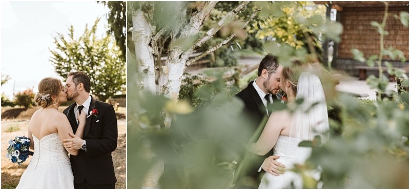Premier Snohomish & Seattle Wedding Photographer | GSquared Weddings Photography A Snohomish bride and groom in wedding attire share an intimate moment outdoors, surrounded by greenery. One photo shows them kissing; the other captures them embracing under a tree, partially obscured by leaves. 47.9129° N, 122.0982° W | Serving Snohomish, Seattle , Orlando & Beyond