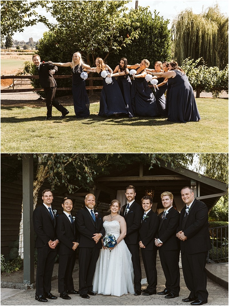 Premier Snohomish & Seattle Wedding Photographer | GSquared Weddings Photography Two Snohomish wedding photos: Top—bridesmaids in navy dresses humorously pull the bride from the groom on a lawn. Bottom—the bride poses with groomsmen in black suits, all smiling under a shaded patio at this Seattle engagement. 47.9129° N, 122.0982° W | Serving Snohomish, Seattle , Orlando & Beyond