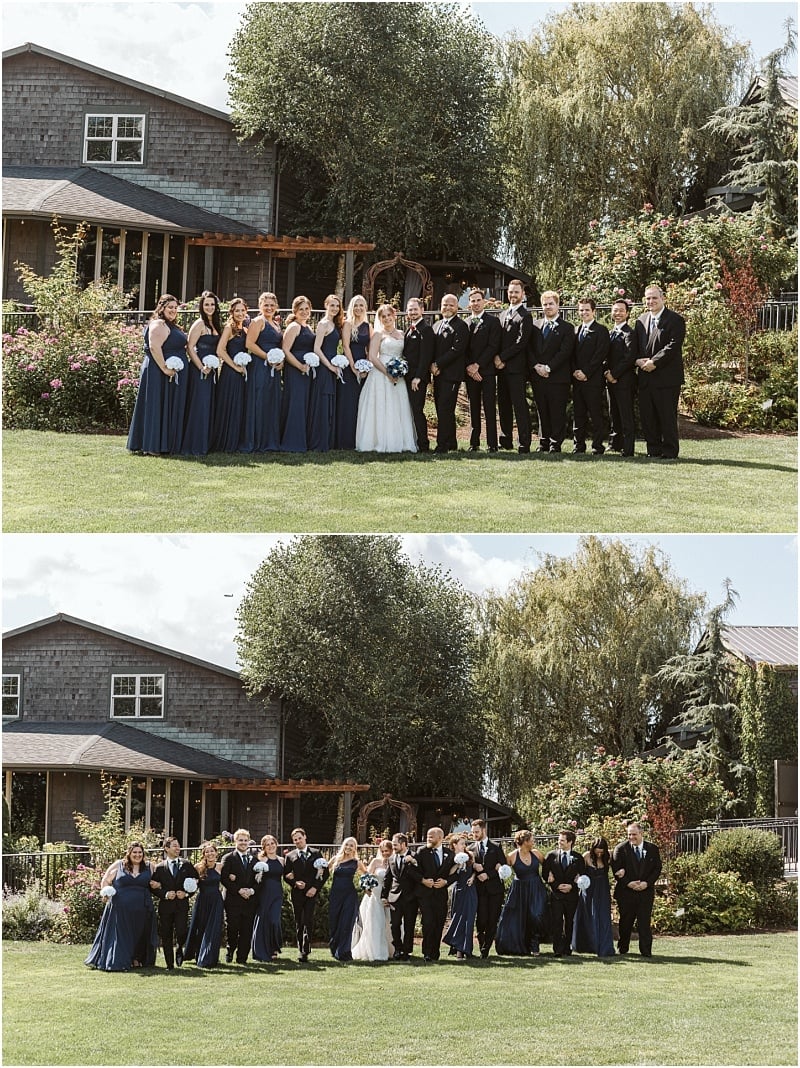 Premier Snohomish & Seattle Wedding Photographer | GSquared Weddings Photography Two photos stacked vertically capture a joyful Snohomish wedding party outdoors. The bride, groom, bridesmaids in navy dresses, and groomsmen in black suits pose and laugh together in front of a charming house and garden. 47.9129° N, 122.0982° W | Serving Snohomish, Seattle , Orlando & Beyond