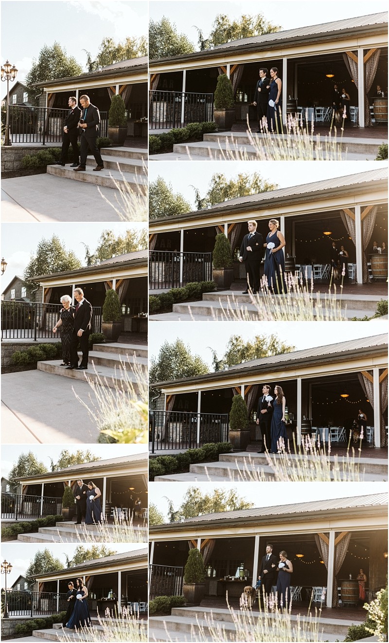 Premier Snohomish & Seattle Wedding Photographer | GSquared Weddings Photography A collage of photos shows different pairs in formal attire walking down steps outside a rustic building, likely during a sunny Snohomish wedding procession near Seattle. 47.9129° N, 122.0982° W | Serving Snohomish, Seattle , Orlando & Beyond