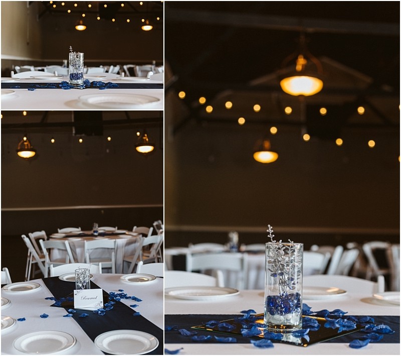 Premier Snohomish & Seattle Wedding Photographer | GSquared Weddings Photography Three views of an elegant Snohomish Seattle wedding table setup with a navy runner, white plates, and a glass vase centerpiece with blue stones and floating flowers. Warm string lights and hanging lamps illuminate the space. 47.9129° N, 122.0982° W | Serving Snohomish, Seattle , Orlando & Beyond