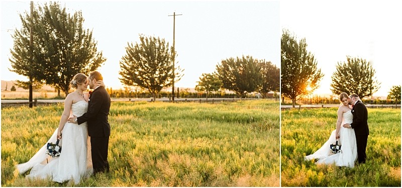 Premier Snohomish & Seattle Wedding Photographer | GSquared Weddings Photography A bride and groom stand close together in a grassy field at sunset, surrounded by tall trees. Captured during their Snohomish wedding, the bride holds a bouquet and wears white; the groom is in a black suit. They appear peaceful and happy. 47.9129° N, 122.0982° W | Serving Snohomish, Seattle , Orlando & Beyond