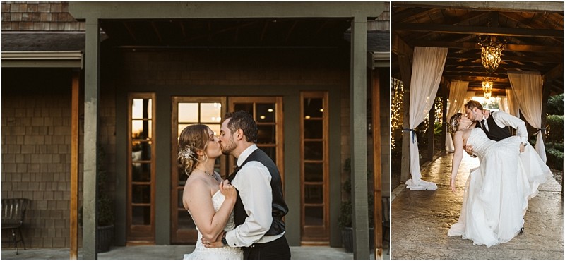 Premier Snohomish & Seattle Wedding Photographer | GSquared Weddings Photography Two wedding photos: on the left, a bride and groom kiss in front of a wooden building at their Snohomish wedding. On the right, the groom dips the bride for a kiss under a chandelier and draped fabric. 47.9129° N, 122.0982° W | Serving Snohomish, Seattle , Orlando & Beyond