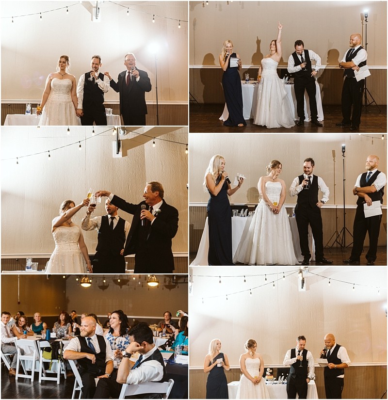 Premier Snohomish & Seattle Wedding Photographer | GSquared Weddings Photography A collage of six Snohomish wedding reception photos shows a bride and groom giving toasts, laughing with guests, and clinking glasses with family and friends at decorated tables under string lights. 47.9129° N, 122.0982° W | Serving Snohomish, Seattle , Orlando & Beyond