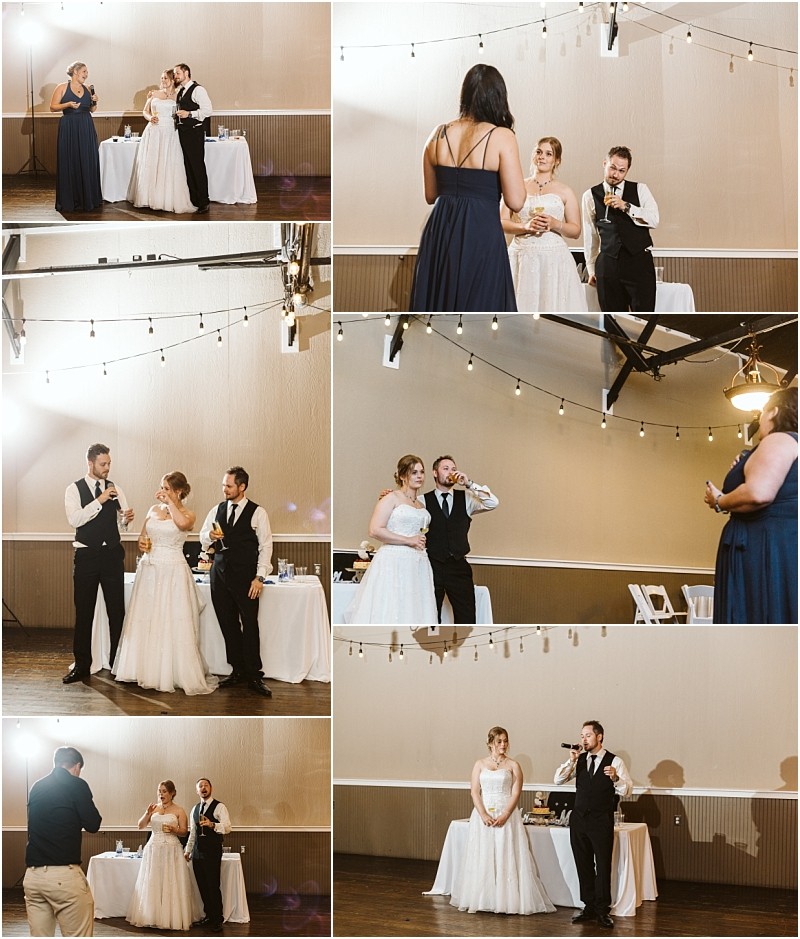 Premier Snohomish & Seattle Wedding Photographer | GSquared Weddings Photography A collage of six photos shows a Snohomish bride and groom in wedding attire giving and receiving toasts with guests in a decorated indoor venue with string lights. Some guests hold microphones and glasses, smiling and speaking. 47.9129° N, 122.0982° W | Serving Snohomish, Seattle , Orlando & Beyond