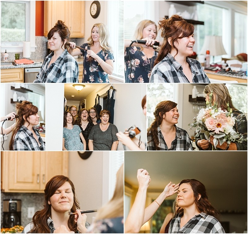 Premier Snohomish & Seattle Wedding Photographer | GSquared Weddings Photography A collage of women preparing for a Snohomish wedding shows a bride getting her hair styled, makeup applied, laughing with friends, and holding a bouquet indoors, surrounded by smiling women in a bright, cozy home. 47.9129° N, 122.0982° W | Serving Snohomish, Seattle , Orlando & Beyond