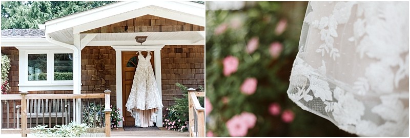 Premier Snohomish & Seattle Wedding Photographer | GSquared Weddings Photography A white lace wedding dress hangs from the porch roof of a wooden house in Snohomish, surrounded by greenery and pink flowers. A close-up reveals the intricate lace detailing, perfect for a romantic Seattle wedding or engagement. 47.9129° N, 122.0982° W | Serving Snohomish, Seattle , Orlando & Beyond