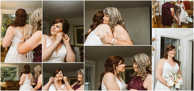 Premier Snohomish & Seattle Wedding Photographer | GSquared Weddings Photography A collage of photos shows a bride and her mother sharing emotional moments while getting ready for their Snohomish Seattle wedding: adjusting the dress, hugging, sharing smiles, and the bride putting on earrings and holding her bouquet. 47.9129° N, 122.0982° W | Serving Snohomish, Seattle , Orlando & Beyond