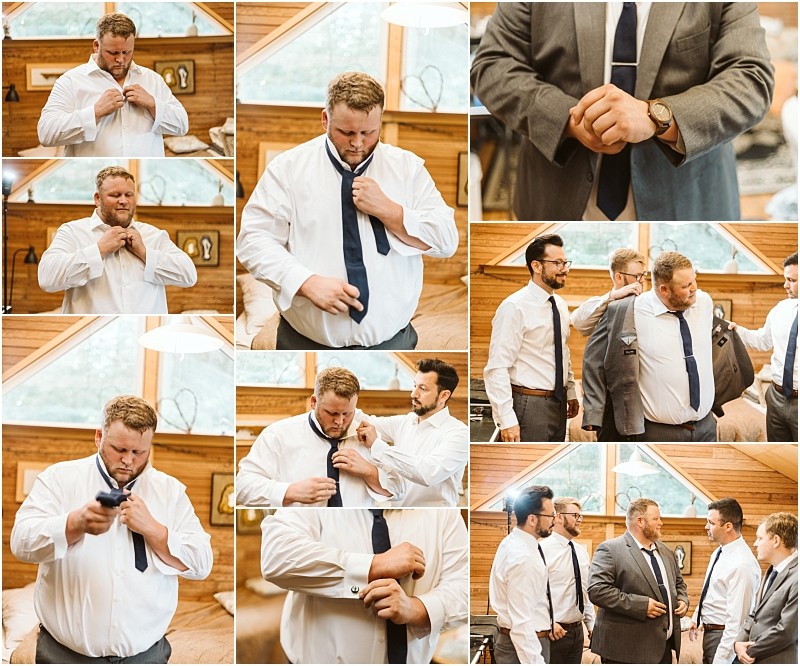 Premier Snohomish & Seattle Wedding Photographer | GSquared Weddings Photography A collage of men in a wooden room getting dressed for a Snohomish wedding. They adjust ties, button shirts, and help each other with suits, displaying camaraderie and preparation for the special Seattle engagement. 47.9129° N, 122.0982° W | Serving Snohomish, Seattle , Orlando & Beyond