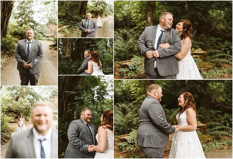 Premier Snohomish & Seattle Wedding Photographer | GSquared Weddings Photography A collage of Snohomish wedding photos shows a couple in a forest. The groom wears a gray suit and blue tie; the bride, a white dress. They smile, laugh, and embrace among tall trees and lush greenery near Seattle. 47.9129° N, 122.0982° W | Serving Snohomish, Seattle , Orlando & Beyond