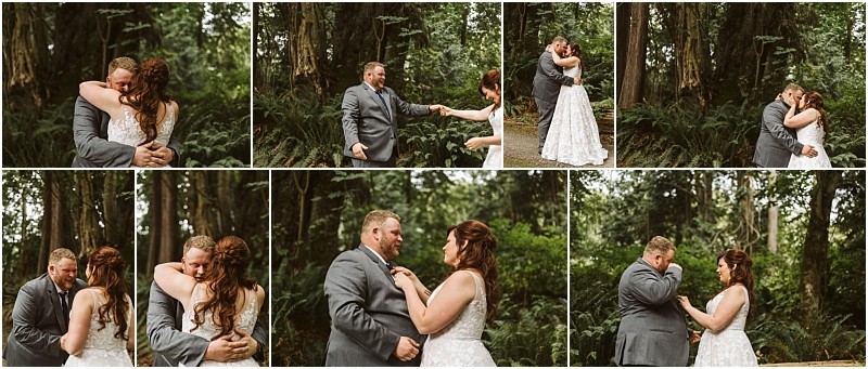 Premier Snohomish & Seattle Wedding Photographer | GSquared Weddings Photography A collage shows a bride and groom in a forest near Snohomish, sharing emotional moments—hugging, holding hands, smiling, and wiping away tears—capturing their joy and love on their wedding day. 47.9129° N, 122.0982° W | Serving Snohomish, Seattle , Orlando & Beyond