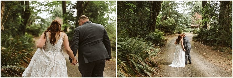 Premier Snohomish & Seattle Wedding Photographer | GSquared Weddings Photography Two photos of a Snohomish bride and groom walking down a forest path: first, they stroll hand in hand away from the camera; then, they share a kiss on the same wooded trail. A perfect Seattle wedding engagement moment. 47.9129° N, 122.0982° W | Serving Snohomish, Seattle , Orlando & Beyond