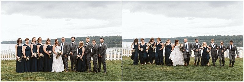 Premier Snohomish & Seattle Wedding Photographer | GSquared Weddings Photography A wedding party poses outdoors on grass by a white fence and water, under a cloudy sky. This Snohomish celebration features bridesmaids in navy dresses and groomsmen in gray suits, capturing classic Seattle wedding elegance. 47.9129° N, 122.0982° W | Serving Snohomish, Seattle , Orlando & Beyond