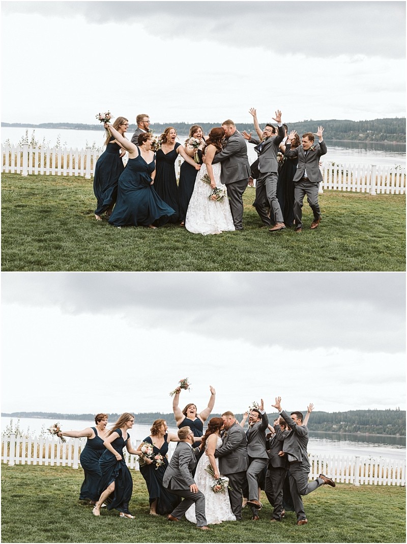 Premier Snohomish & Seattle Wedding Photographer | GSquared Weddings Photography Two photos show a lively Snohomish wedding party outdoors near a white picket fence by the lake. The bride and groom kiss in the center while bridesmaids and groomsmen cheer and gesture energetically around them. 47.9129° N, 122.0982° W | Serving Snohomish, Seattle , Orlando & Beyond