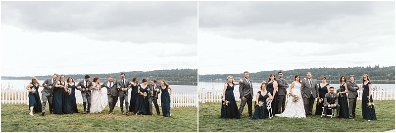 Premier Snohomish & Seattle Wedding Photographer | GSquared Weddings Photography Two side-by-side photos of a Snohomish wedding party posing outdoors on grass by a lake, with trees and cloudy sky in the background. The group is dressed in formal attire, women in dark dresses and men in suits. 47.9129° N, 122.0982° W | Serving Snohomish, Seattle , Orlando & Beyond