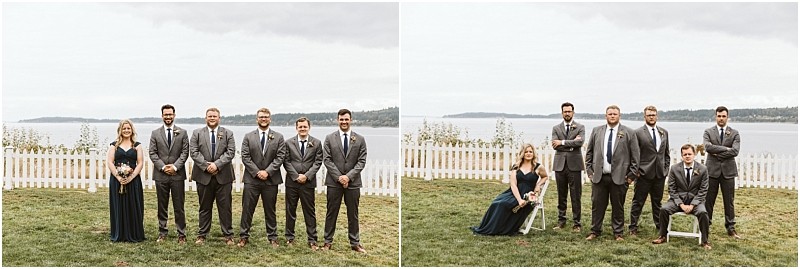 Premier Snohomish & Seattle Wedding Photographer | GSquared Weddings Photography Two photos side by side capture a Snohomish wedding party by a lake. Five men in gray suits and one woman in a dark dress pose with white fencing and water behind them. In the second photo, two people are sitting together. 47.9129° N, 122.0982° W | Serving Snohomish, Seattle , Orlando & Beyond
