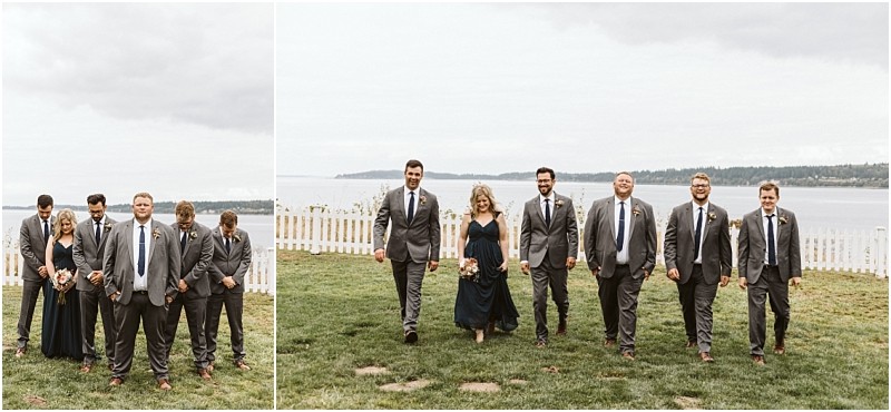 Premier Snohomish & Seattle Wedding Photographer | GSquared Weddings Photography A wedding party in suits and dark dresses walks and stands on a grassy area near a white fence, with water and a cloudy sky in the background—capturing timeless moments from this beautiful Snohomish Seattle wedding. 47.9129° N, 122.0982° W | Serving Snohomish, Seattle , Orlando & Beyond