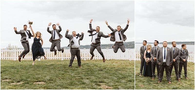 Premier Snohomish & Seattle Wedding Photographer | GSquared Weddings Photography A group of people dressed formally pose outside at a Snohomish Seattle wedding; in one photo, they jump joyfully, and in the other, they stand together on grass near a white fence with a cloudy sky in the background. 47.9129° N, 122.0982° W | Serving Snohomish, Seattle , Orlando & Beyond