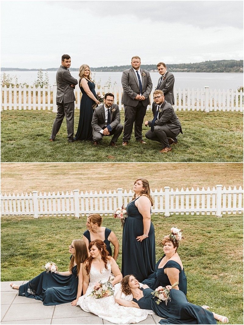 Premier Snohomish & Seattle Wedding Photographer | GSquared Weddings Photography Two photos: Top—BRIDESMAIDS in navy and GROOMSMEN in gray strike playful poses on grass by a white fence and lake, capturing the joyful spirit of a Snohomish Seattle wedding. Bottom—BRIDE and bridesmaids recline gracefully, holding bouquets. 47.9129° N, 122.0982° W | Serving Snohomish, Seattle , Orlando & Beyond