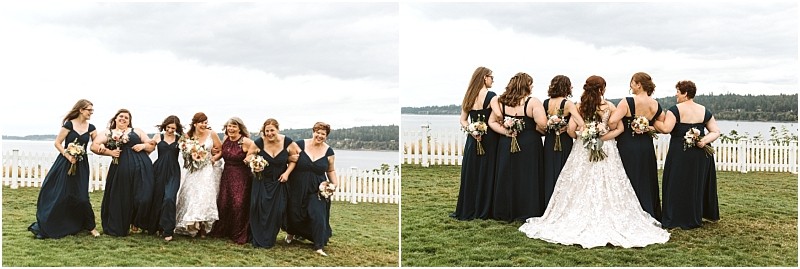 Premier Snohomish & Seattle Wedding Photographer | GSquared Weddings Photography Two side-by-side photos of a bride in a white gown and her bridesmaids in dark blue dresses walking and posing near a white picket fence, with water and trees in the background at a beautiful Snohomish Seattle wedding. 47.9129° N, 122.0982° W | Serving Snohomish, Seattle , Orlando & Beyond