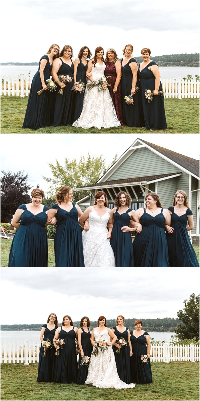 Premier Snohomish & Seattle Wedding Photographer | GSquared Weddings Photography Three photos of a bride in a white dress with seven bridesmaids in matching dark blue dresses, taken outdoors at a Snohomish wedding near Seattle. They pose on grass by a white fence and house, with a lake and trees in the background. 47.9129° N, 122.0982° W | Serving Snohomish, Seattle , Orlando & Beyond