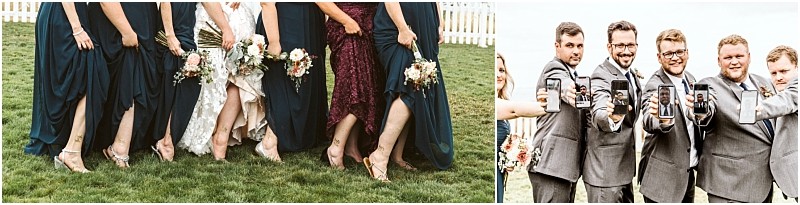 Premier Snohomish & Seattle Wedding Photographer | GSquared Weddings Photography A split image: on the left, women in dresses lifting hems to show shoes and ankles at a Snohomish Seattle wedding; on the right, men in suits smiling and holding up beer cans in a celebratory toast. 47.9129° N, 122.0982° W | Serving Snohomish, Seattle , Orlando & Beyond