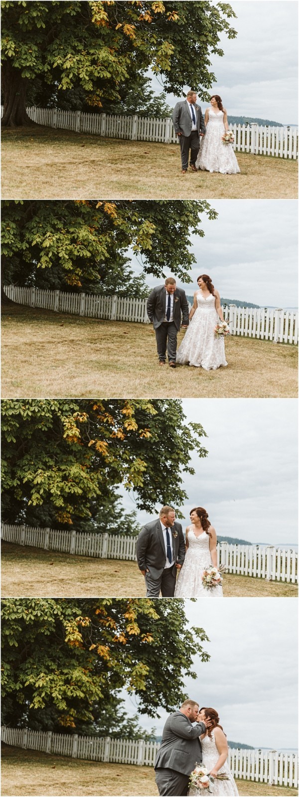 Premier Snohomish & Seattle Wedding Photographer | GSquared Weddings Photography A bride and groom meet outdoors near a white fence and large tree. They smile, walk toward each other, embrace, and share a kiss against scenic hills and a cloudy sky—a perfect Snohomish wedding moment. 47.9129° N, 122.0982° W | Serving Snohomish, Seattle , Orlando & Beyond