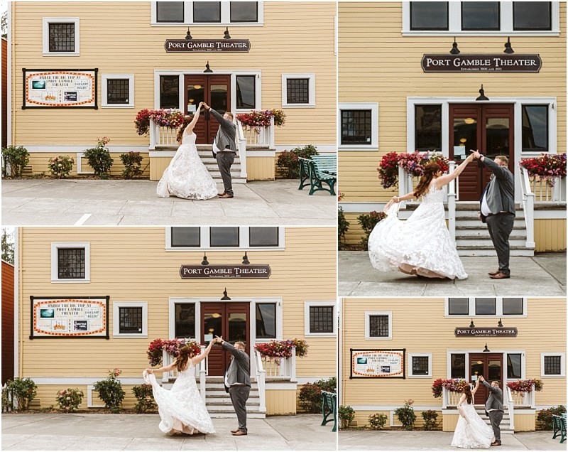 Premier Snohomish & Seattle Wedding Photographer | GSquared Weddings Photography A bride and groom dance joyfully outside the yellow Port Gamble Theater, surrounded by flowers and sunshine. Their playful, romantic moment captures the spirit of a perfect Snohomish or Seattle wedding engagement. 47.9129° N, 122.0982° W | Serving Snohomish, Seattle , Orlando & Beyond