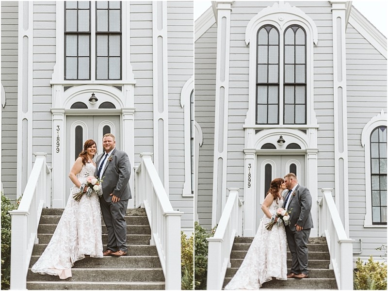 Premier Snohomish & Seattle Wedding Photographer | GSquared Weddings Photography A bride in a white lace gown and a groom in a gray suit stand together on the steps of a light gray building with tall, arched windows. This romantic Snohomish wedding captures their affection as they pose, bouquet in hand, looking happy. 47.9129° N, 122.0982° W | Serving Snohomish, Seattle , Orlando & Beyond