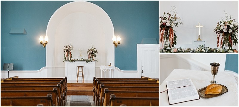 Premier Snohomish & Seattle Wedding Photographer | GSquared Weddings Photography A church sanctuary in Snohomish near Seattle features wooden pews, a white altar adorned with flowers for a wedding engagement, a cross, and brass lamps. Close-ups show a Bible, bread and wine on a cloth-covered table by the floral arrangements. 47.9129° N, 122.0982° W | Serving Snohomish, Seattle , Orlando & Beyond