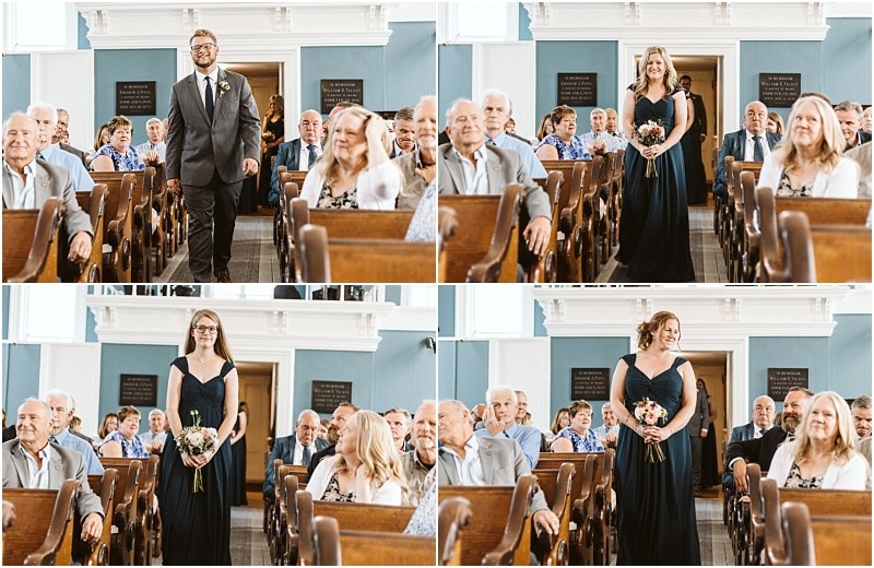 Premier Snohomish & Seattle Wedding Photographer | GSquared Weddings Photography Four photos capture Snohomish wedding attendants walking down a sunlit church aisle as guests look on. A man in a suit and three women in dark dresses with bouquets embody the elegance of this Seattle engagement celebration. 47.9129° N, 122.0982° W | Serving Snohomish, Seattle , Orlando & Beyond
