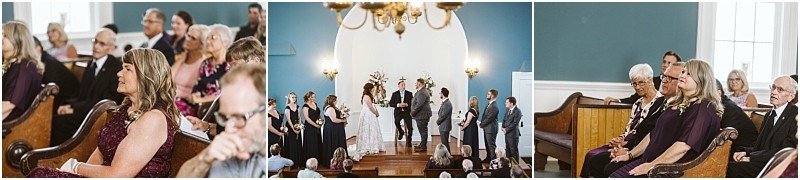 Premier Snohomish & Seattle Wedding Photographer | GSquared Weddings Photography A Snohomish wedding ceremony in a church shows guests seated in pews, a couple standing at the altar exchanging vows, and family members watching attentively. The bright setting features teal walls and wooden benches. 47.9129° N, 122.0982° W | Serving Snohomish, Seattle , Orlando & Beyond