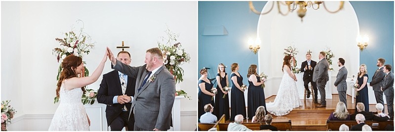 Premier Snohomish & Seattle Wedding Photographer | GSquared Weddings Photography Two photos capture a joyful Snohomish wedding ceremony: first, the bride and groom share a high-five at the altar; then, the bridal party and guests look on as the couple stands together during this special Seattle celebration. 47.9129° N, 122.0982° W | Serving Snohomish, Seattle , Orlando & Beyond