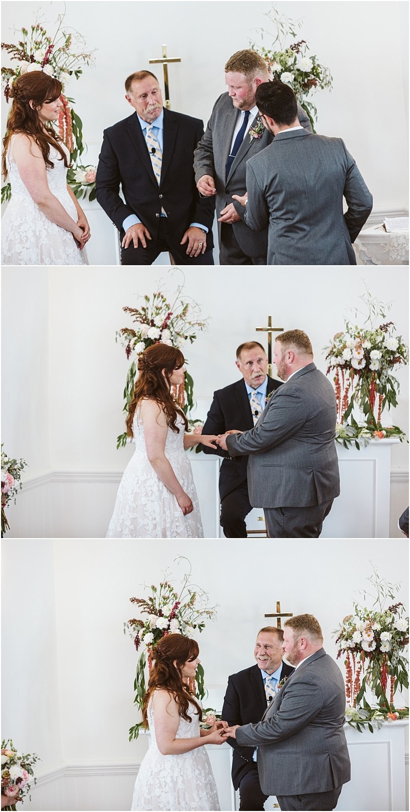 Premier Snohomish & Seattle Wedding Photographer | GSquared Weddings Photography A bride and groom exchange vows and rings in a bright church near Snohomish Seattle, with a man officiating. The couple stands by a white altar decorated with flowers and a gold cross in the background, celebrating their wedding engagement. 47.9129° N, 122.0982° W | Serving Snohomish, Seattle , Orlando & Beyond