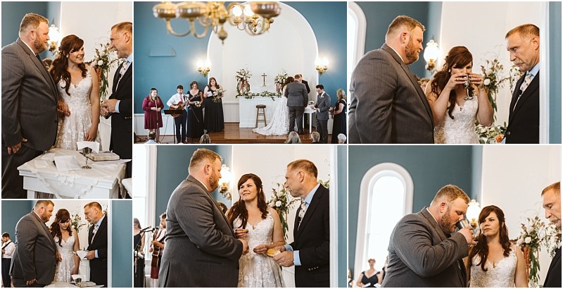 Premier Snohomish & Seattle Wedding Photographer | GSquared Weddings Photography A collage of Snohomish wedding ceremony photos shows a bride and groom standing with an officiant, exchanging vows, sharing communion bread and wine, and interacting with each other in a beautifully decorated church. 47.9129° N, 122.0982° W | Serving Snohomish, Seattle , Orlando & Beyond